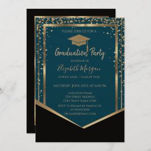 Elegant Black,Diamonds Gold Grad Cap Graduation  Invitation