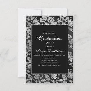 Elegant Black Floral Damask Graduation Invitation