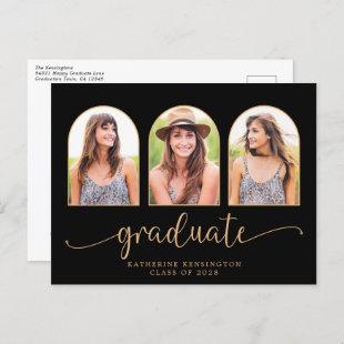 Elegant Black Gold Arch 3 Photo Graduation Announcement Postcard