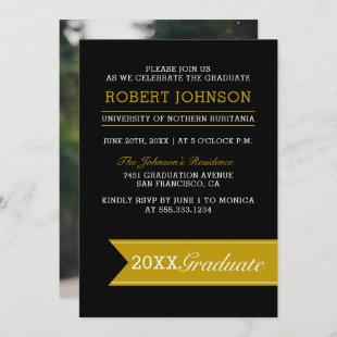 Elegant Black & Gold Banner Photo Graduation Party Invitation