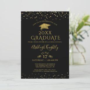 Elegant Black Gold Glitter Confetti Graduate Invitation