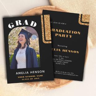 Elegant Black Gold Glitter Grad Photo Graduation Invitation