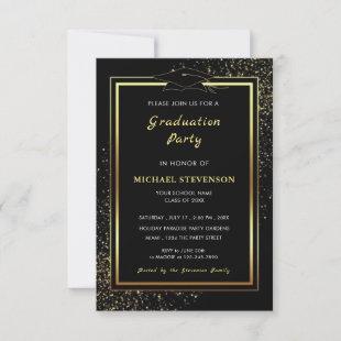 Elegant Black Gold Glitter Graduation Invitation