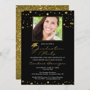 Elegant Black Gold Glitter Script Graduate Invitation