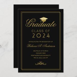 Elegant Black Gold Grad Cap College Graduation Announcement