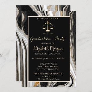 Elegant Black Gold Marble Law School Graduation  Invitation