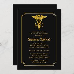 Elegant Black | Gold MD Physician Graduation Party Invitation