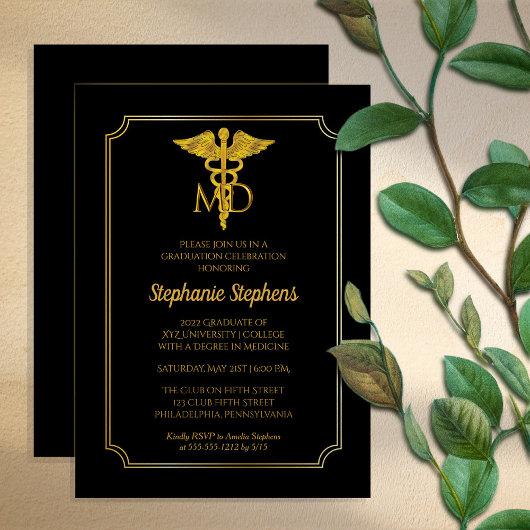 Elegant Black | Gold MD Physician Graduation Party Invitation