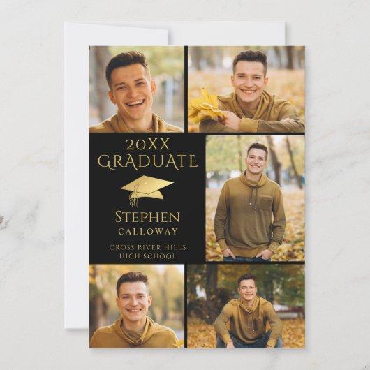 Elegant Black Gold Photo Collage Graduate Announcement