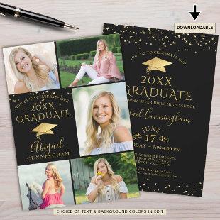 Elegant Black Gold Photo Collage Graduate Invitation