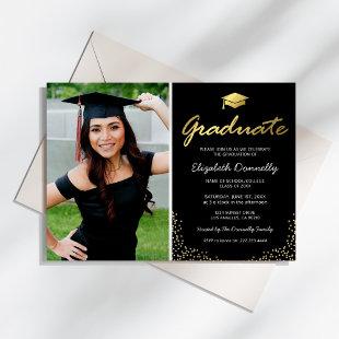 Elegant Black Gold Photo Graduation Party Invitation