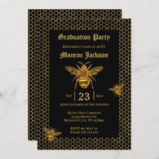 Elegant Black Gold Queen Bee Beehive Graduation Invitation