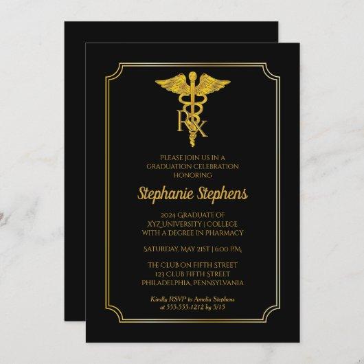 Elegant Black | Gold Rx Pharmacy Graduation Party Invitation