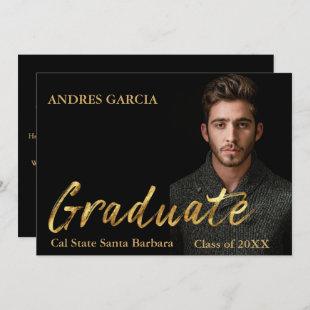 Elegant Black Gold Text Overlay Graduate Photo Announcement