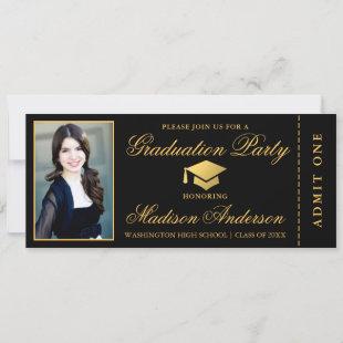 Elegant Black Gold Ticket Photo Graduation Party Invitation