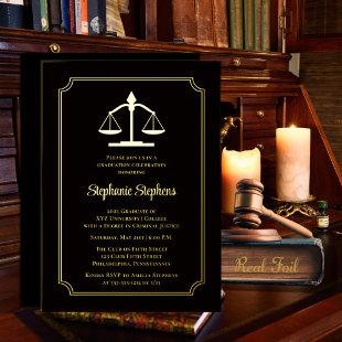 Elegant Black Law Attorney Graduation Party Foil Invitation
