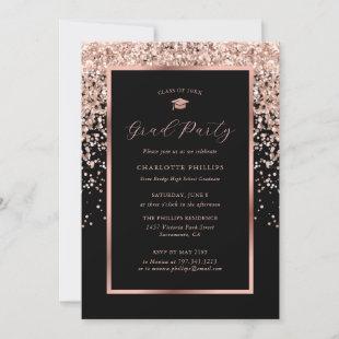 Elegant Black Rose Gold Confetti Photo Grad Party Invitation