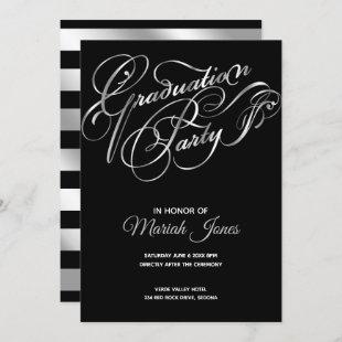 Elegant Black -Silver Calligraphy Graduation Party Invitation