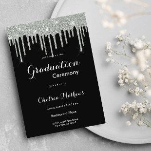 Elegant Black Silver Glitter Drips Graduation Invitation