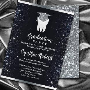 Elegant Black Silver Sparkle Dental Graduation  Invitation