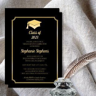 Elegant Black University Graduation Party Gold  Foil Invitation