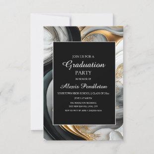 Elegant Black White Gold Marble Graduation Invitation