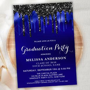Elegant Blue Black Glitter Drips Graduation Party Invitation