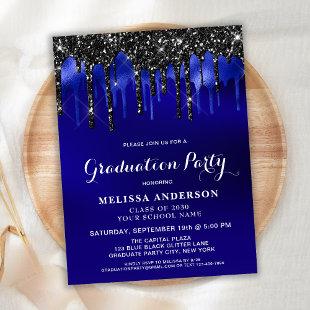 Elegant Blue Black Glitter Drips Graduation Party Invitation Postcard