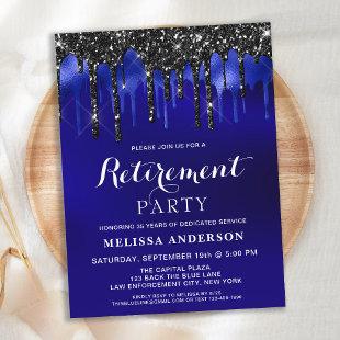 Elegant Blue Black Glitter Drips Retirement Party Announcement Postcard