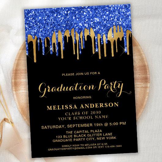 Elegant Blue Black Gold Glitter Drips Graduation Invitation