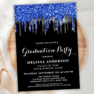Elegant Blue Black Silver Glitter Drips Graduation Invitation