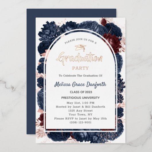 Elegant Blue Floral Class of 2023 Graduation Party Foil Invitation