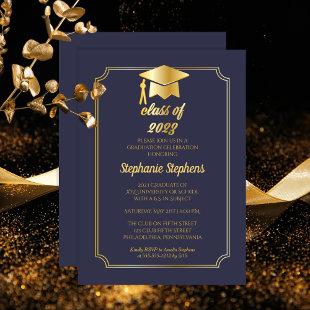 Elegant Blue | Gold Cap College Graduation Party Invitation