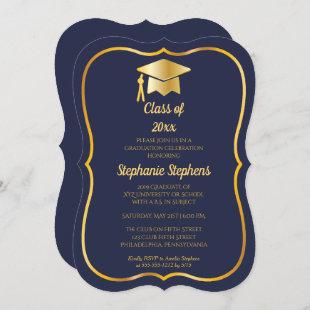 Elegant Blue | Gold Cap Graduation Party Invitation