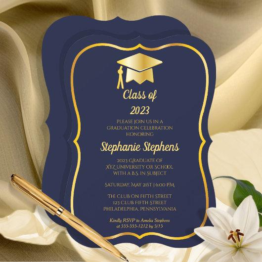 Elegant Blue | Gold Cap Graduation Party Invitation