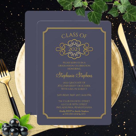 Elegant Blue | Gold College Graduation Party Invitation