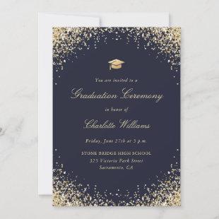 Elegant Blue Gold Confetti Graduation Ceremony Invitation