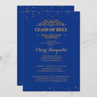 Elegant Blue Gold Formal College Graduation Party Invitation