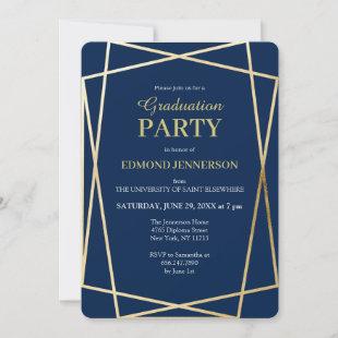 Elegant Blue Gold Geometric 2023 Graduation Party Invitation