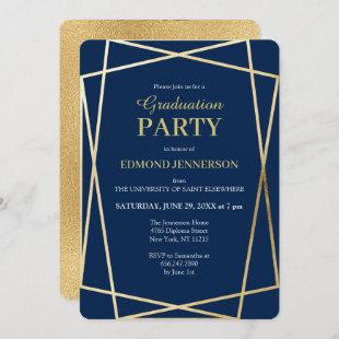 Elegant Blue Gold Geometric 2023 Graduation Party Invitation