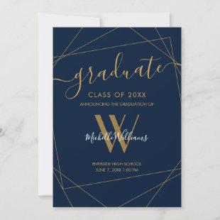Elegant Blue Gold Geometric Monogram Graduation Announcement