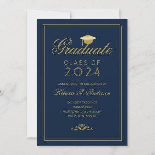 Elegant Blue Gold Grad Cap College Graduation      Announcement