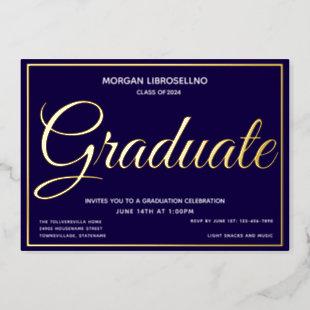 Elegant Blue Gold Graduate Graduation Foil Invitation