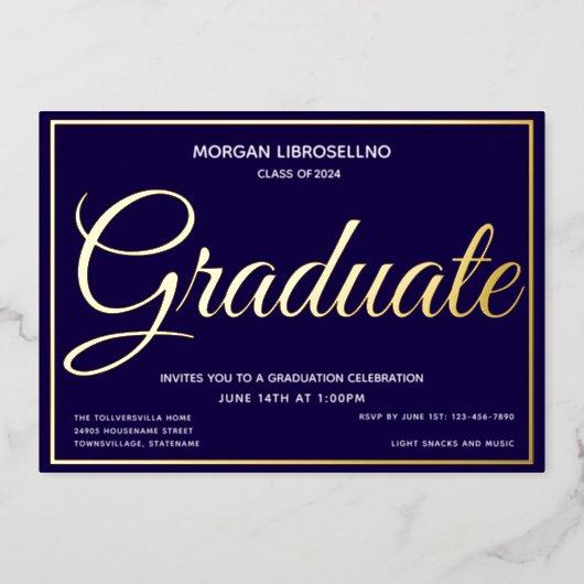 Elegant Blue Gold Graduate Graduation Foil Invitation