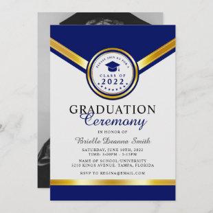 Elegant Blue Gold Graduation Ceremony Invitation