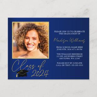 Elegant Blue Gold Graduation Party Invitation Postcard