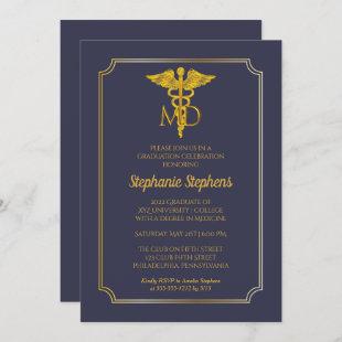 Elegant Blue | Gold MD Physician Graduation Party Invitation