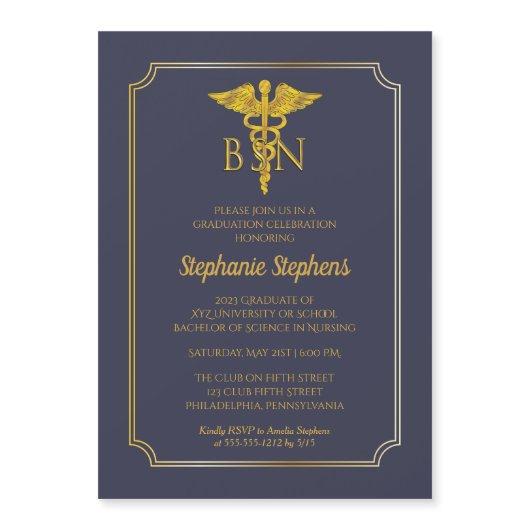 Elegant Blue | Gold Nurse BSN Graduation Party Inv Magnetic Invitation