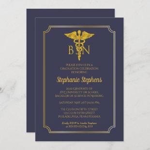 Elegant Blue | Gold Nurse BSN Graduation Party Invitation