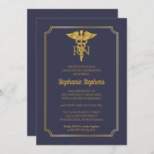 Elegant Blue | Gold Nurse RN Graduation Party Invitation